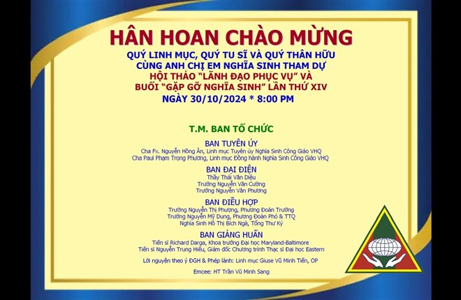 Thư mời dự hội thảo về Lãnh đạo Phục vụ & Gặp gỡ Nghĩa Sinh lần Thứ 15 được tổ chức trực tuyến vào lúc 20h ngày 30/10/2024