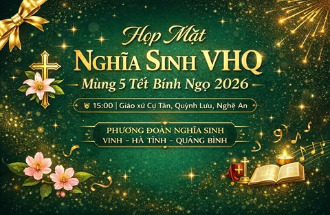 Thiệp mời tham dự họp mặt Nghĩa Sinh VHQ mừng Xuân Bích Ngọ ngày Mùng 5 Tết 2026 vào lúc 15h tại Hội Trường Gx. Cự Tân