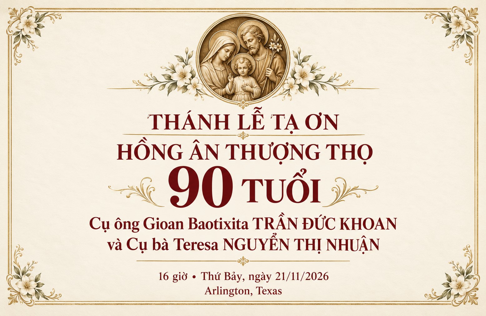 Thư mời Thánh lễ Tạ ơn mừng thượng thọ 90 tuổi – Cụ ông Trần Đức Khoan và cụ bà Nguyễn Thị Nhuận - 1