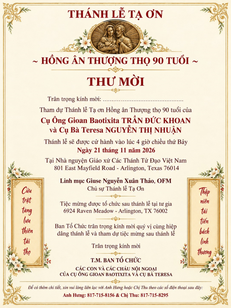 Thư mời Thánh lễ Tạ ơn mừng thượng thọ 90 tuổi – Cụ ông Trần Đức Khoan và cụ bà Nguyễn Thị Nhuận - 2